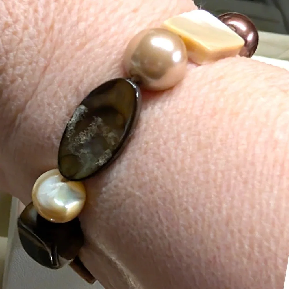 Vintage Tiger Eye Mother of Pearl‎ Stretch Bracelet Brown Earthy Beaded Beads